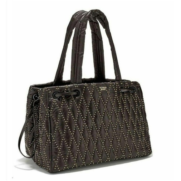 💕Victoria's Secret Large Black Fusia Glam Rock Quilted Tote Gold Studs NWT $78 - Picture 5 of 6